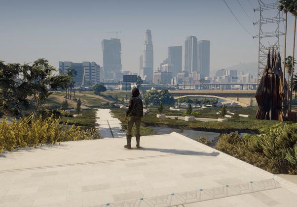 “Grand Theft Eco” character overlooking Los Angeles