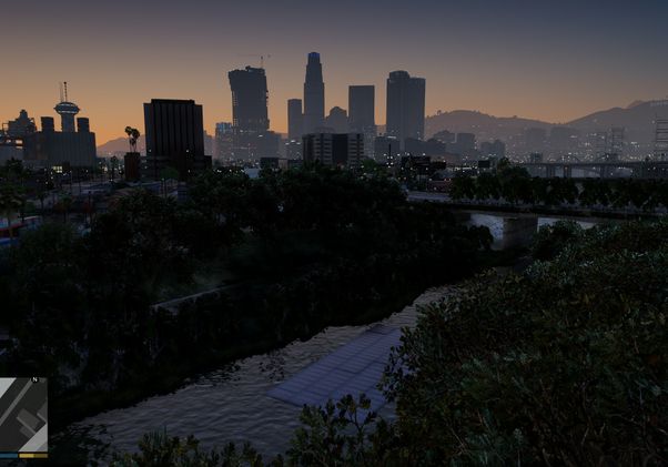 “Grand Theft Eco” nighttime cityscape