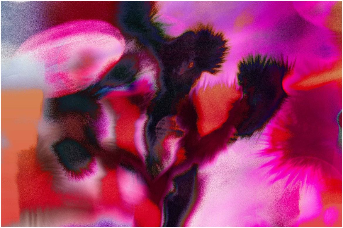 A digital illustration of a black Joshua tree blurred amid pink, red and orange color bursts