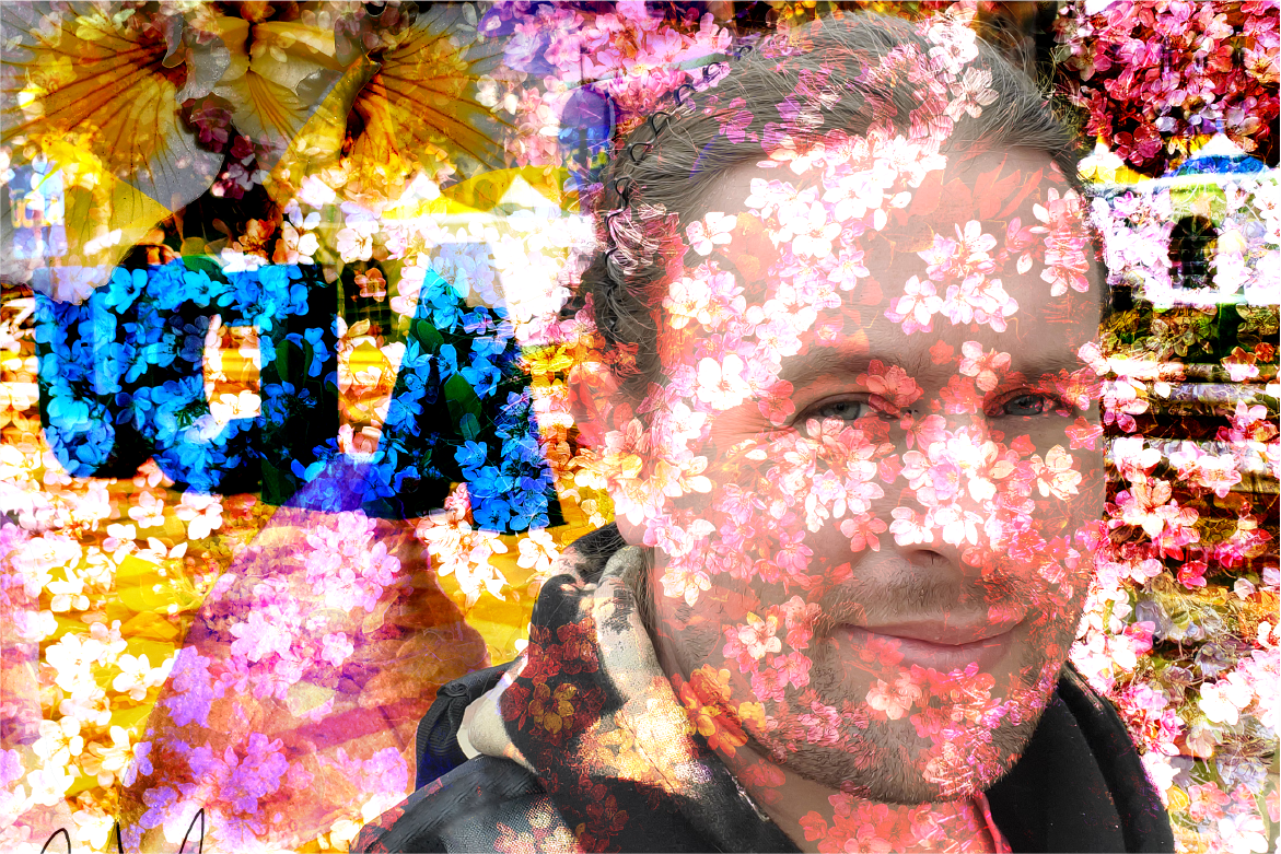 Close shot of Justin C.M. Brown with graphics of flowers and campus locations