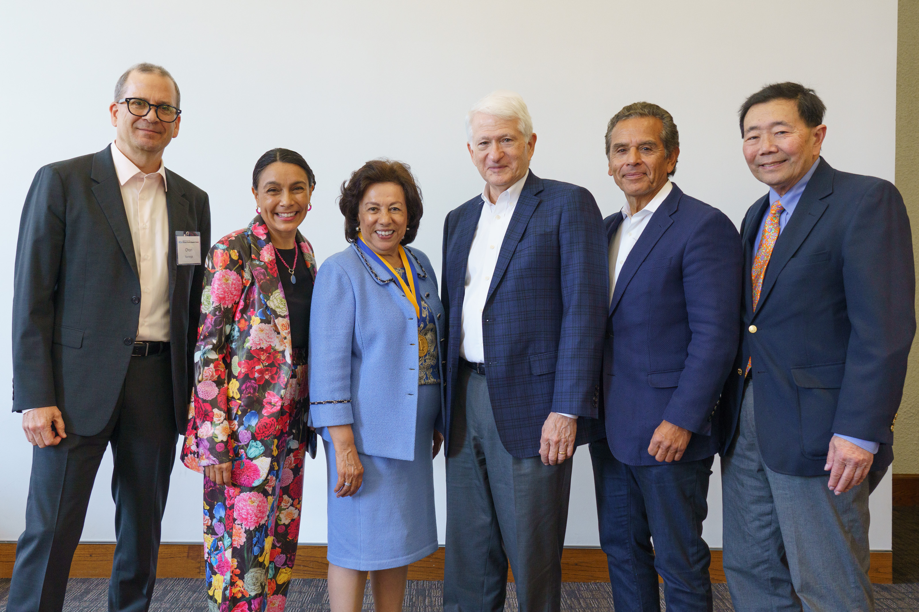 Left to right: Chon Noriega, Veronica Terriquez, Antonia Hernández, Chancellor Gene Block, Antonio Villaraigosa and Stewart Kwoh at UCLA Medal ceremony for Hernández.. 