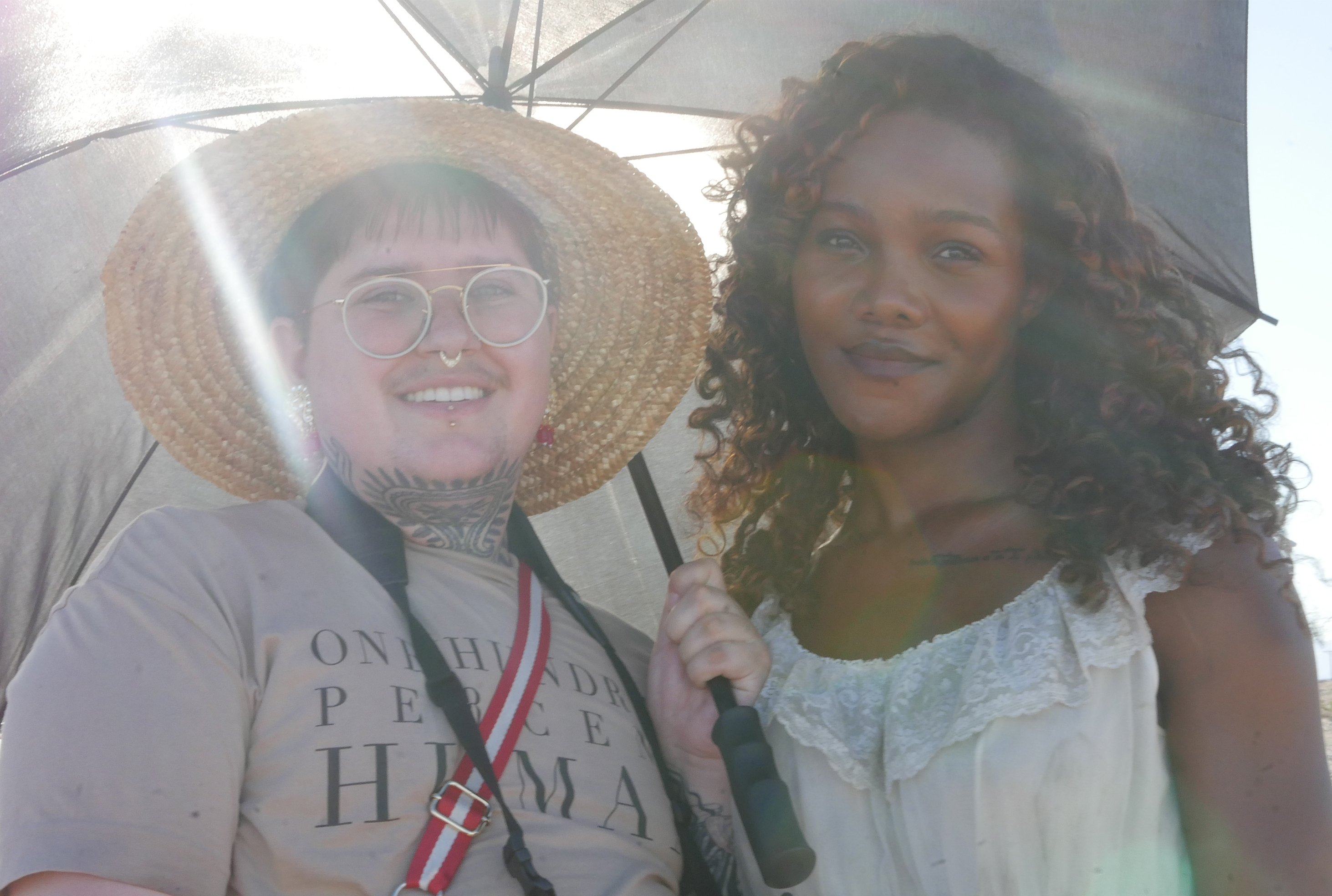 Kaith Karishma in hat, left, and L'lerrét Jazelle, both under umbrella
