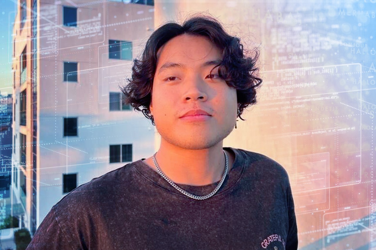 Close shot of Mario Peng Lee with buildings and computer graphics in background.