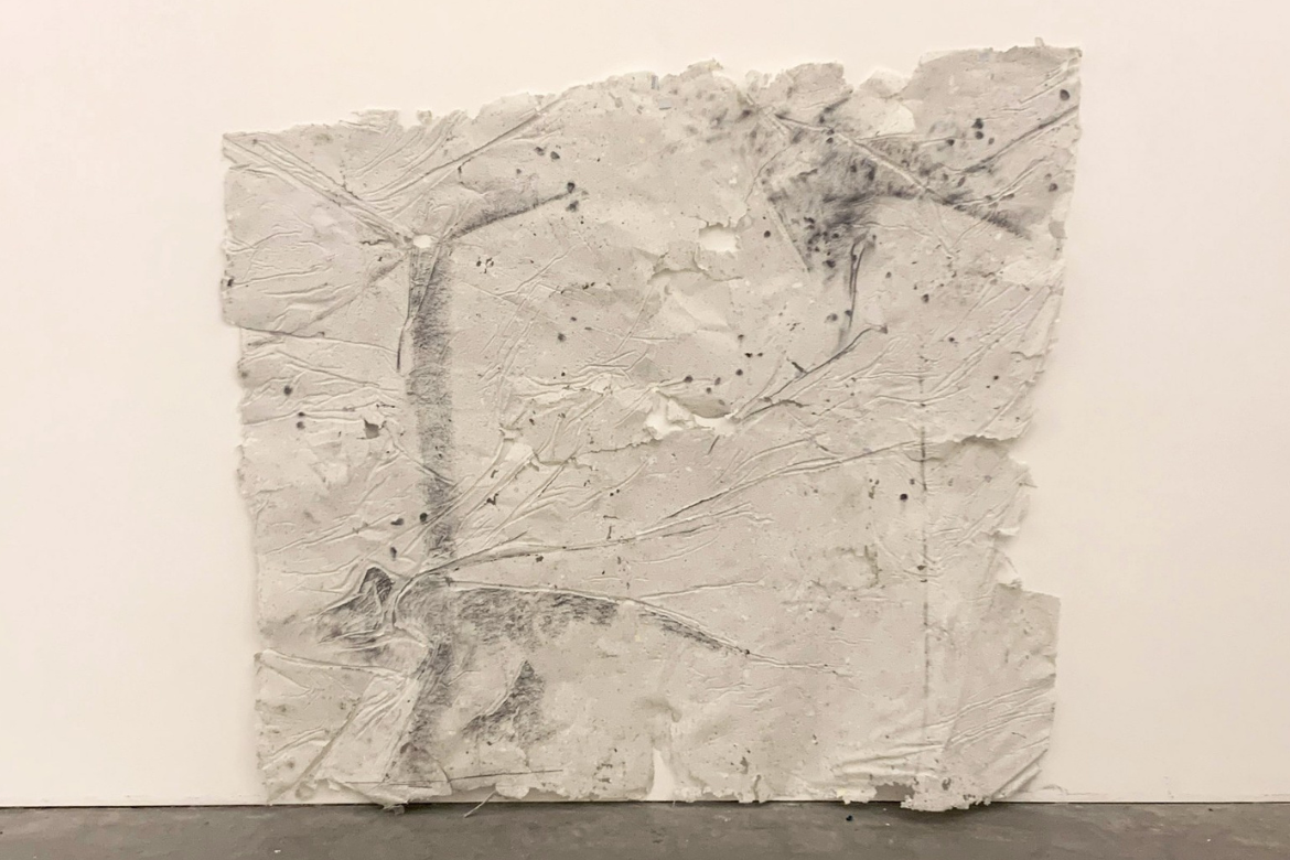 “A Drawing of a Facade,” Scrap paper made into pulp, and graphite, charcoal