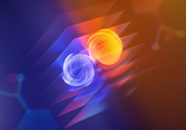 Purple object, left, and orange object spinning in opposite directions