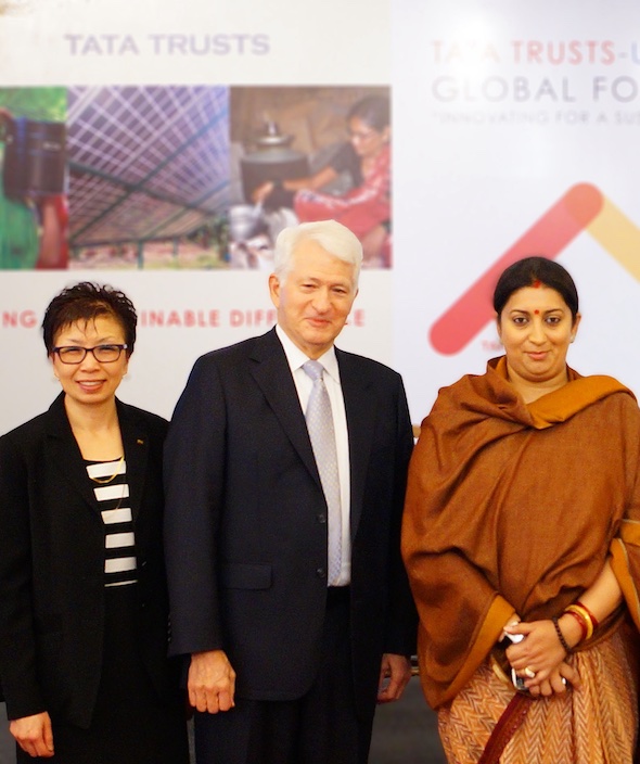 Chancellor Block co-hosts a global forum in New Delhi sponsored by UCLA and the Tata Trusts in 2016. With him are UCLA’s Cindy Fan, left, and Smriti Zubin Irani, India’s minister of minister of human resources development.