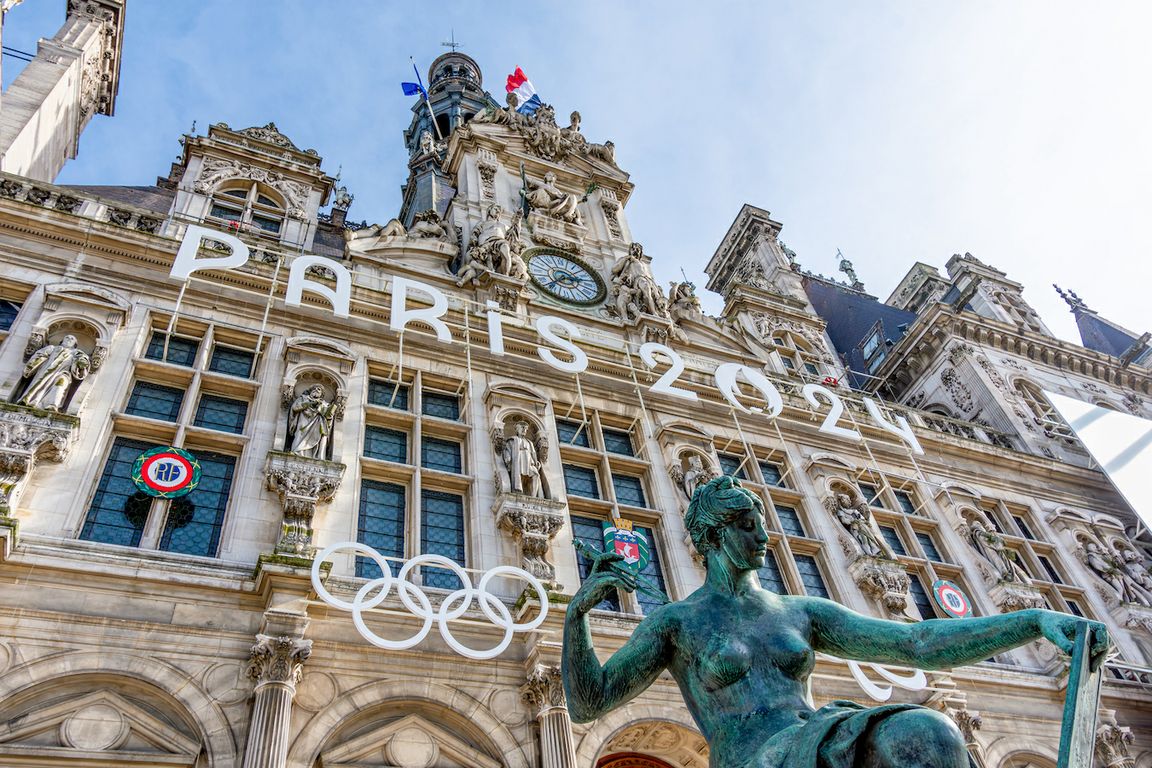 Facade of the town hall of Paris, France, decorated for the 2024 Olympic and Paralympic Games