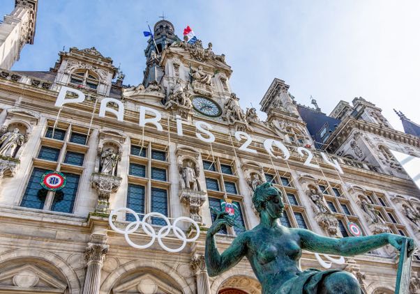 Facade of the town hall of Paris, France, decorated for the 2024 Olympic and Paralympic Games