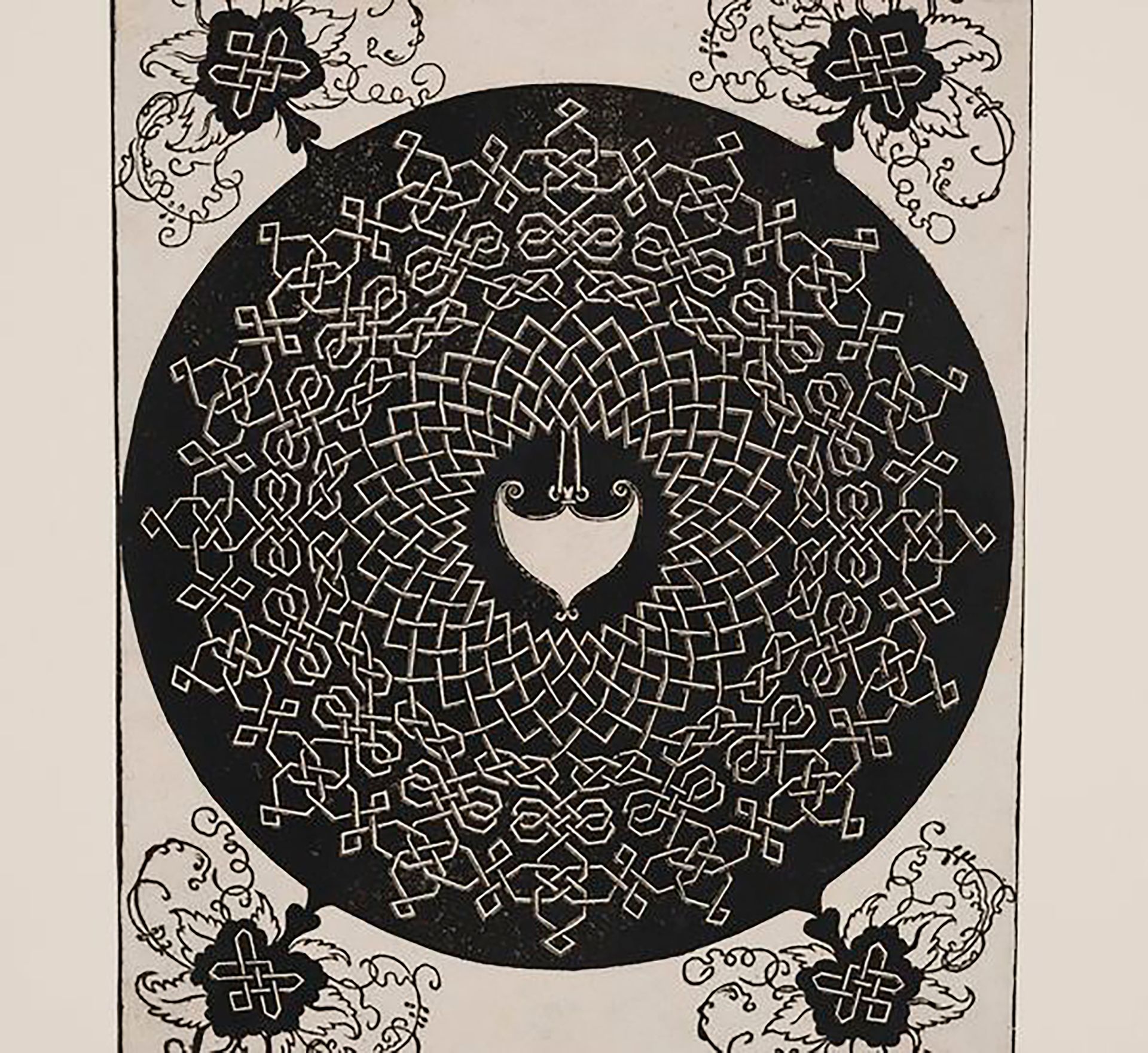 White intricate pattern and heart-shaped shield in a black circle