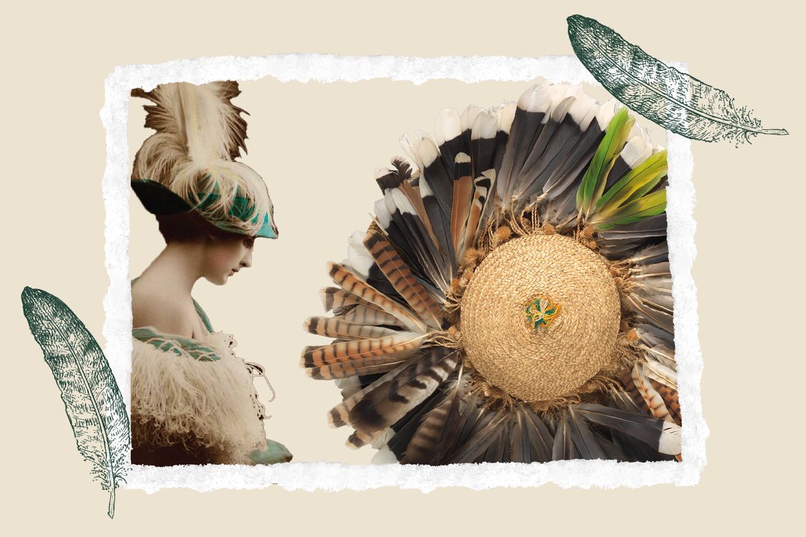 Composite image of a woman wearing ostrich feathers and then a feathered woven Huichol hat