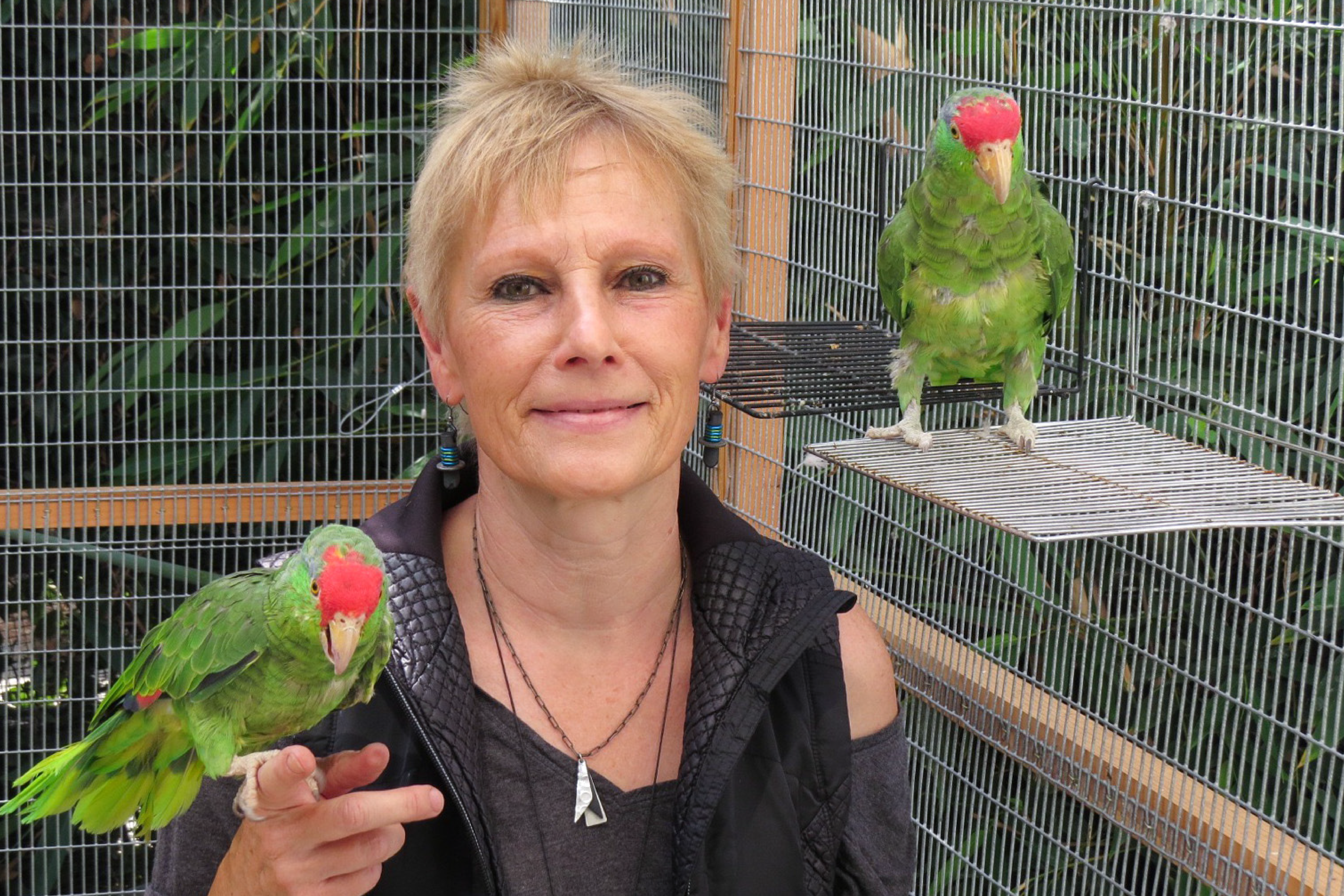 Ursula Heise with two green and red parrots