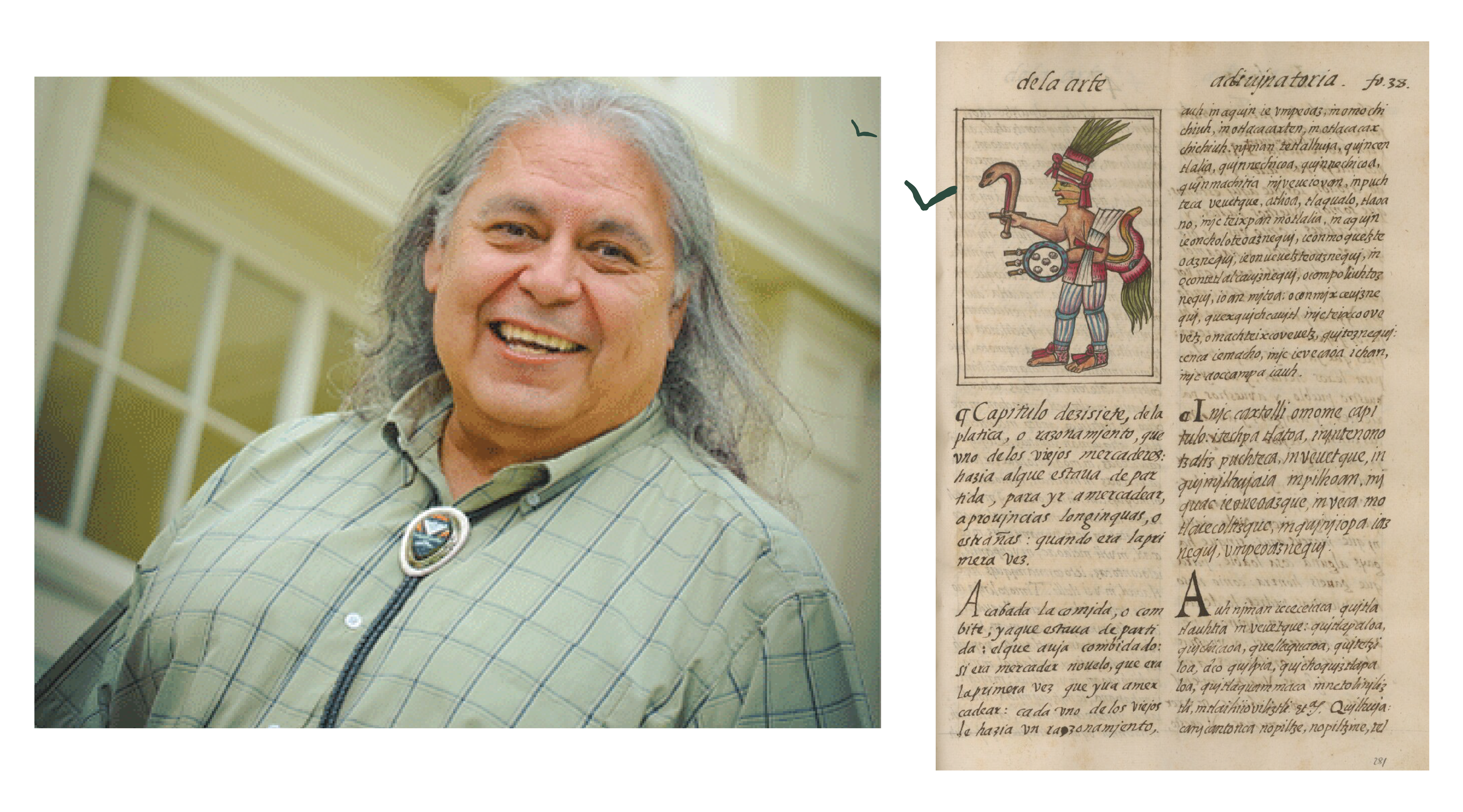Paul Apodaca next to an image of a page of the Florentine Codex featuring the god Huitzilopochtli 