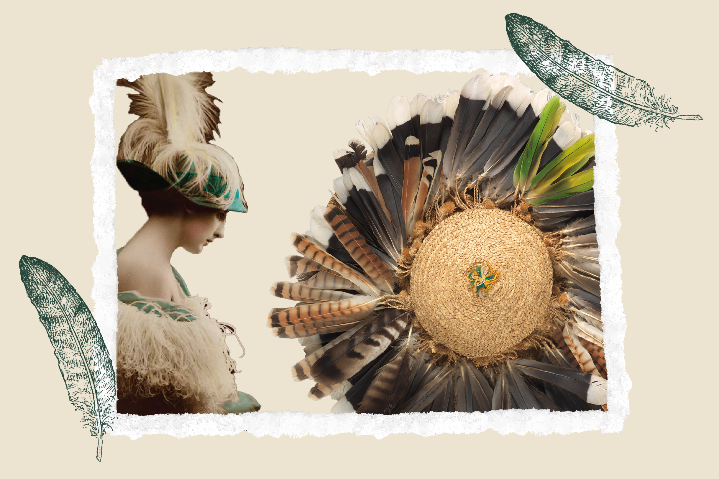 a composite image of a woman wearing ostrich feathers and then a feathered woven Huichol hat
