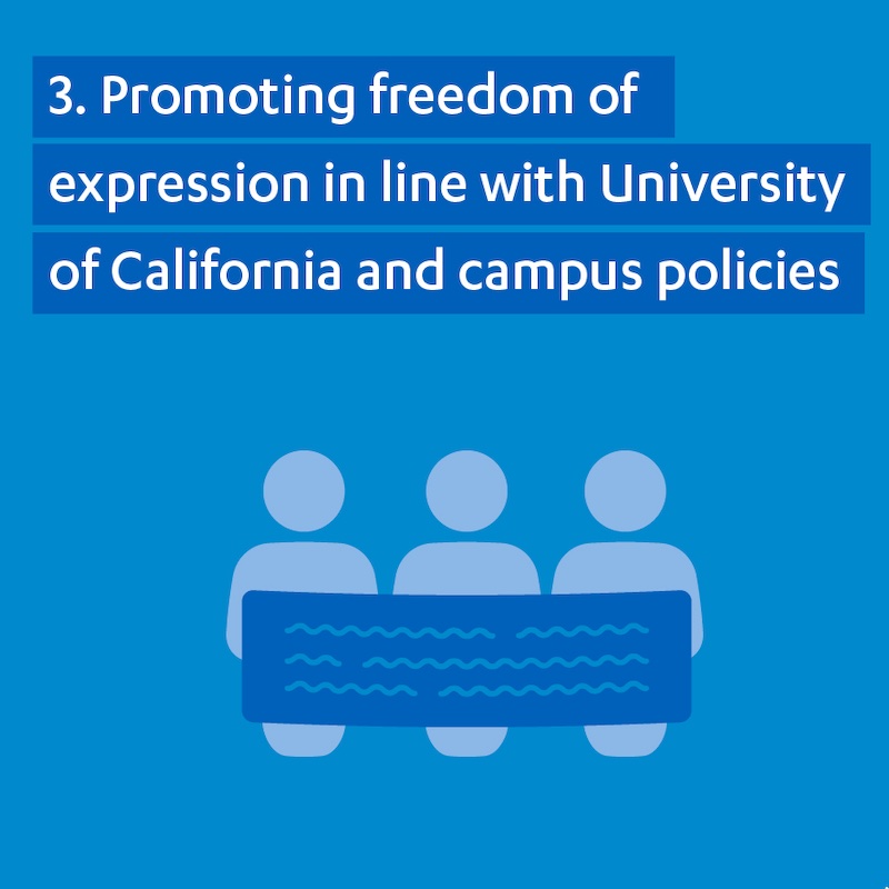 3. Promoting freedom of expression in line with University of California and campus policies Graphic in shades of blue with pictogram of three people and writing on a sheet with the words "Promoting freedom of expression in line with University of California and campus policies