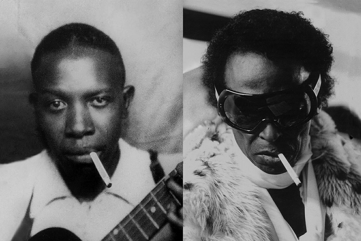Photographic artwork featuring musicians Robert Johnson and Miles Davis