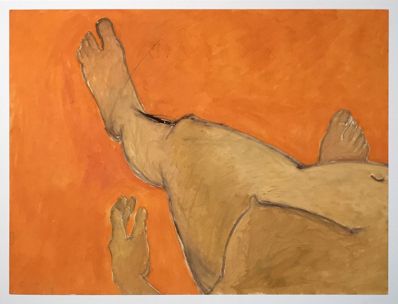 Painting by Luchita Hurtado — point-of-view of nude looking downward toward orange floor