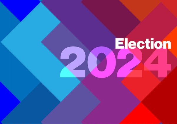 Election 360 — Abstract image of Tetris-like shapes with a color gradient ranging from blue hues on the left to red hues on the right, with purple in the middle, and the text 