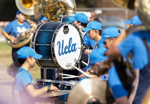 Band members, including drummer, at UCLA game against Indiana at Rose Bowl, Sept. 14, 2024.