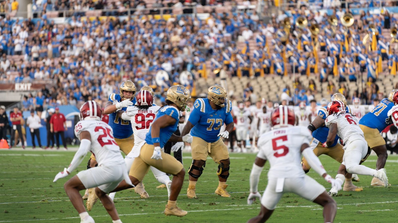 UCLA Bruins in action on field against Indiana at the Rose Bowl, Sept. 14, 2024.