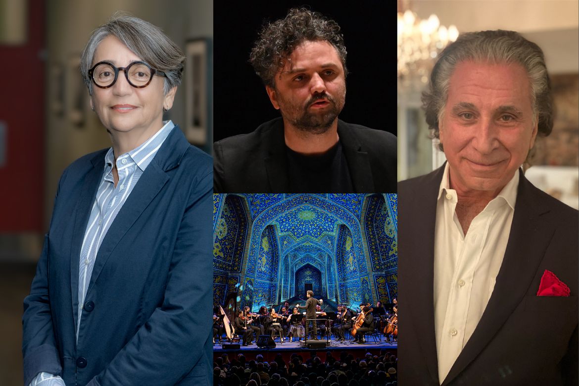 Collage (clockwise) of Haleh Emrani, Shahab Paranj, Richard Danielpour and the Iranshahr Orchestra 