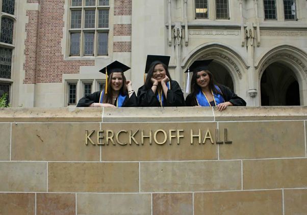 Three graduates in caps and gowns stand behind Kerckhoff Hall sign