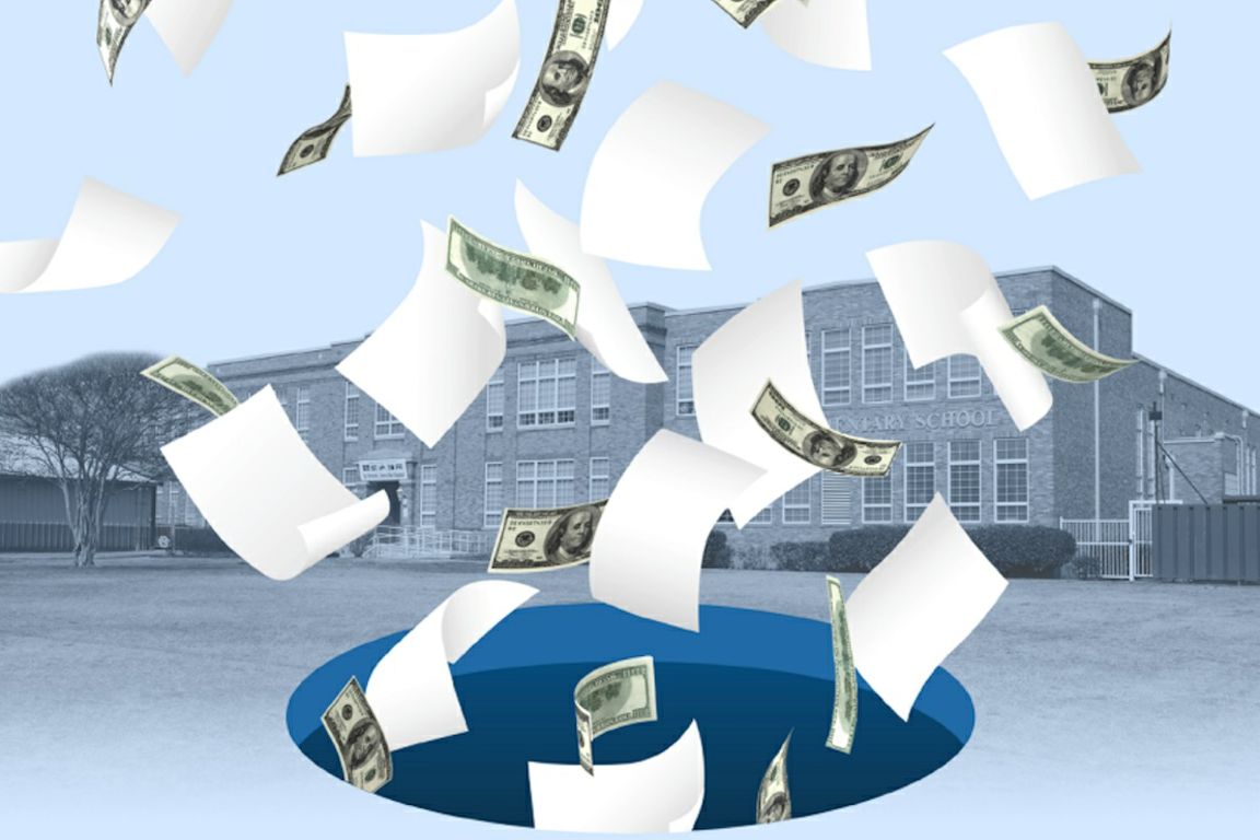 Graphic of paper and dollars falling down hole in front of school house