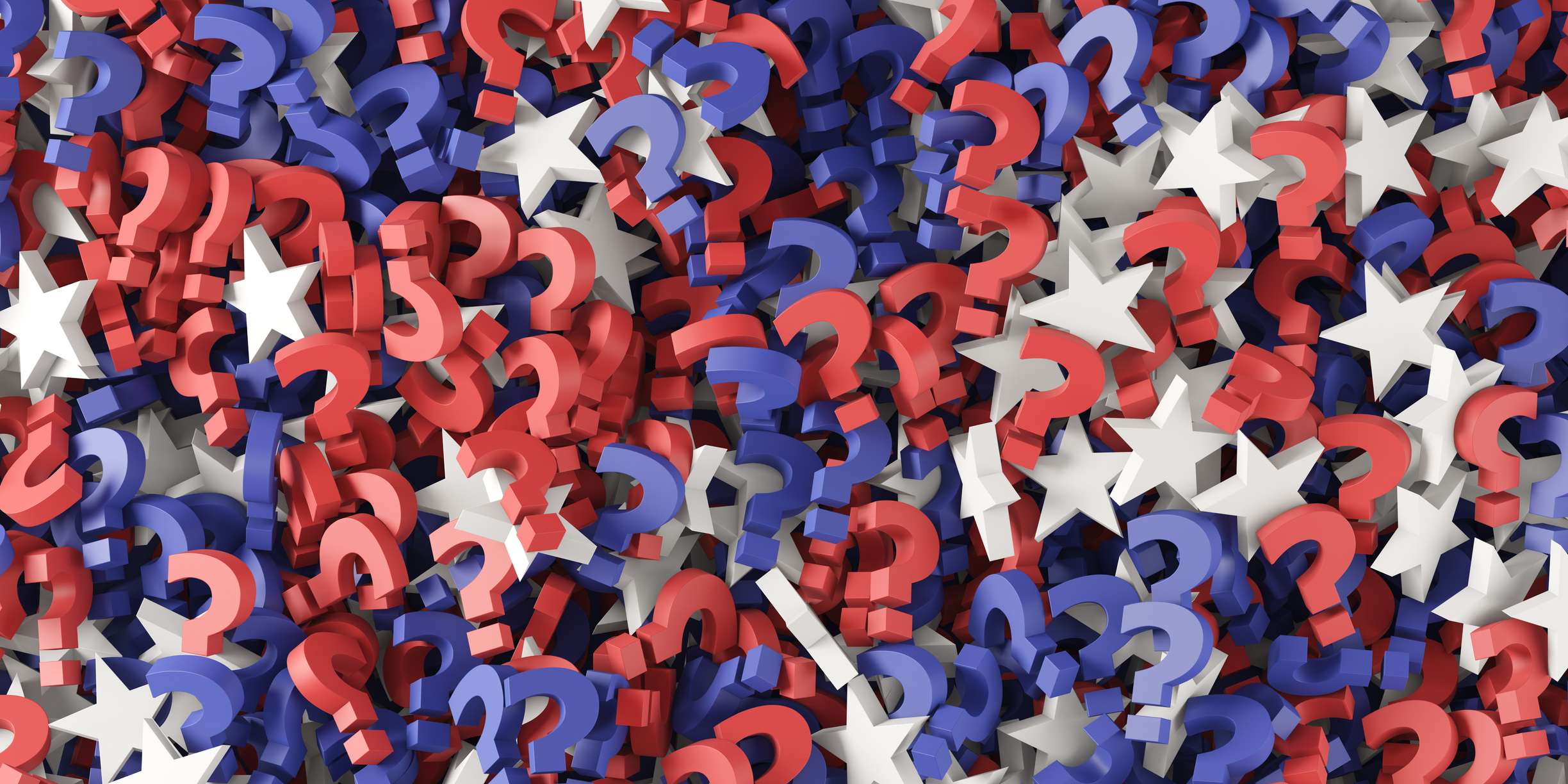 Jumble of white stars and red and blue question marks