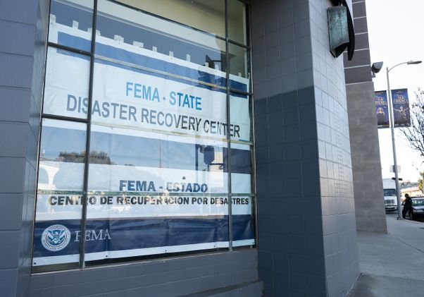 Disaster recovery center sign outside the Westside Pavilion