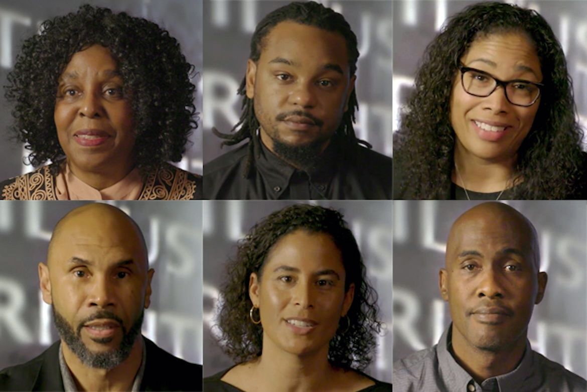 Six video portraits of UCLA faculty members arranged in two rows. Clockwise from top left: Brenda Steveson, Marcus Hunter, Lorrie Frasure-Yokley, Tyrone Howard, Kelly Lytle Hernández, and Darnell Hunt.