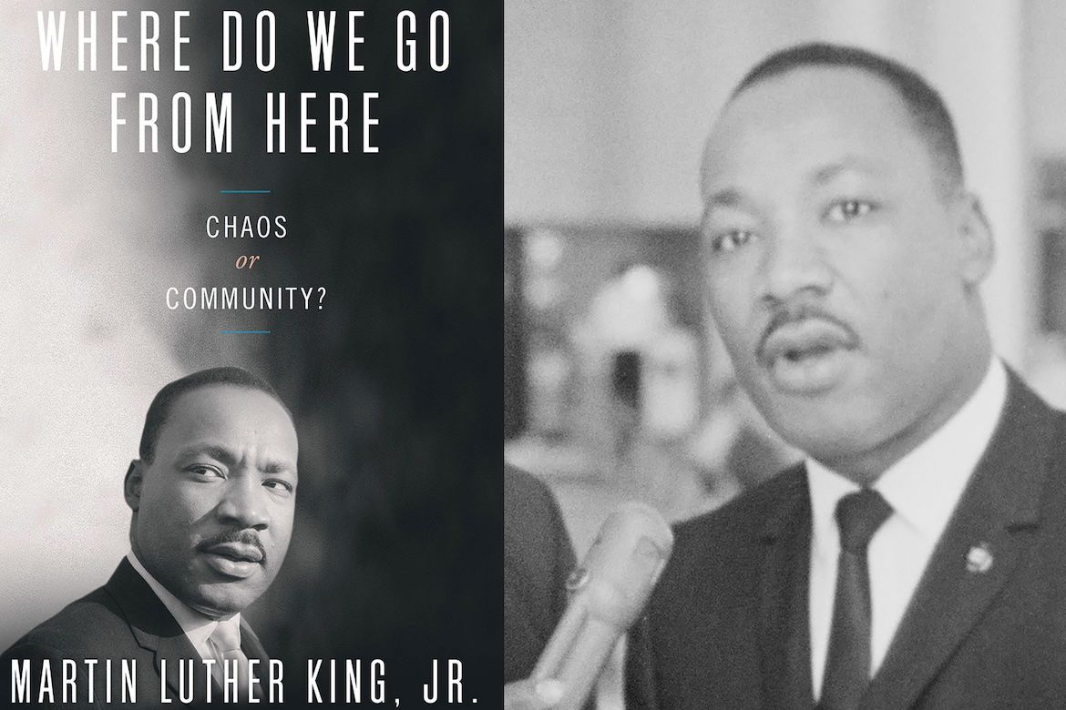 The cover of Martin Luther King Jr.'s book 'Where Do We Go from Here: Chaos or Community?' beside a black-and-white photograph of Dr. King speaking at a microphone.