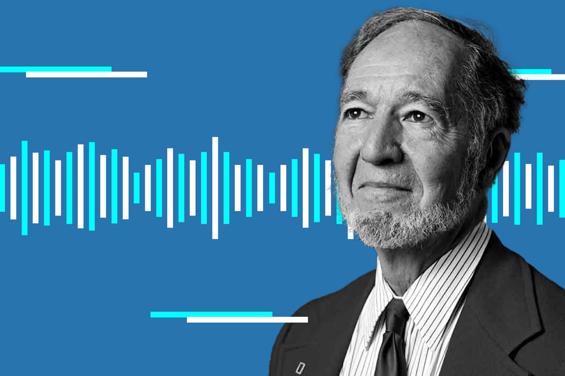 A black and white photograph of Jared Diamond against a blue background with a static white and light blue soundwave illustration spread out horizontally