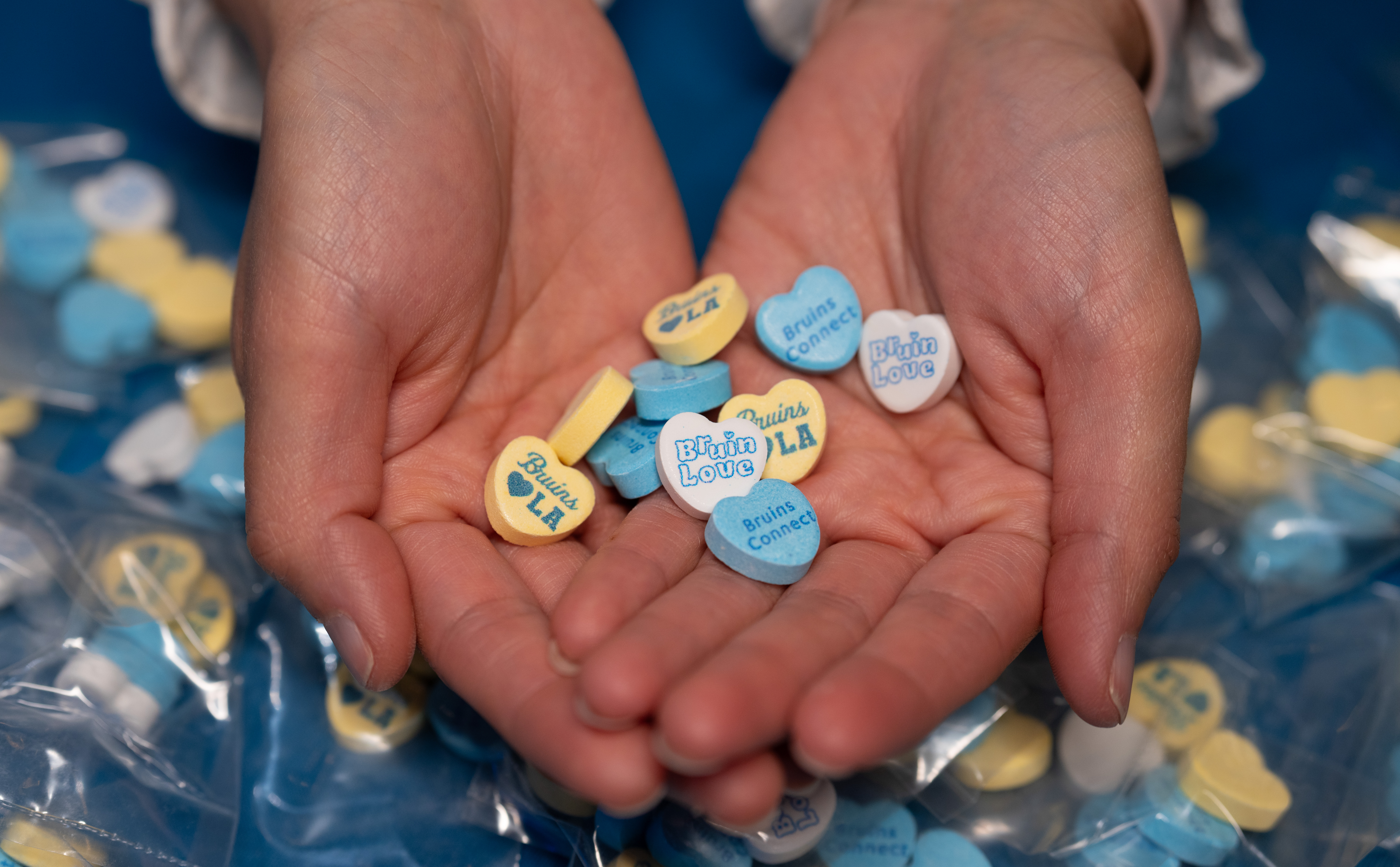 Conversation hearts in blue, yellow and white in a pair of hands