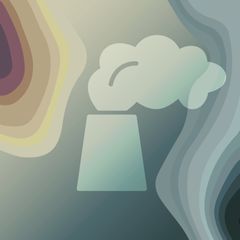 Illustrated graphic depicting an industrial smokestack emitting a cloud of smoke, with abstract layered terrain in muted greens, grays, and earth tones in the background.