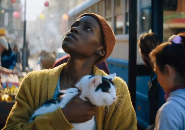 Lupita Nyong'o looks up at the sky, holding a cat, in a scene from “A Quiet Place: Day One.”