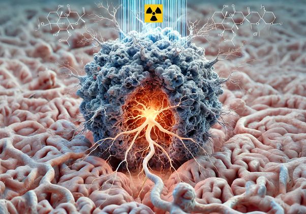 Illustration of radiation affecting glioblastoma cells