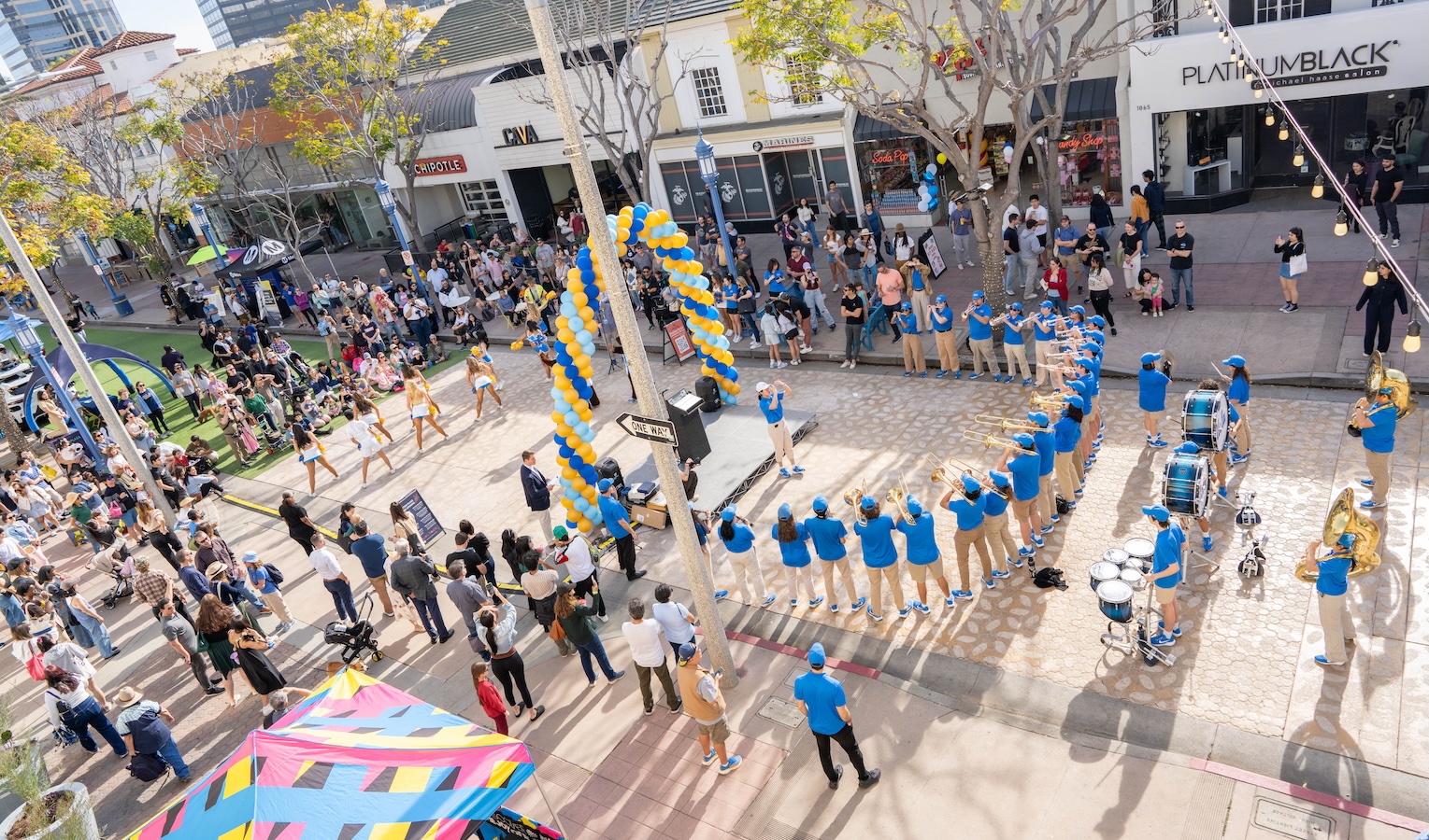 Aerial view of Broxton Plaza during celebration of the opening of the pedestrian only street