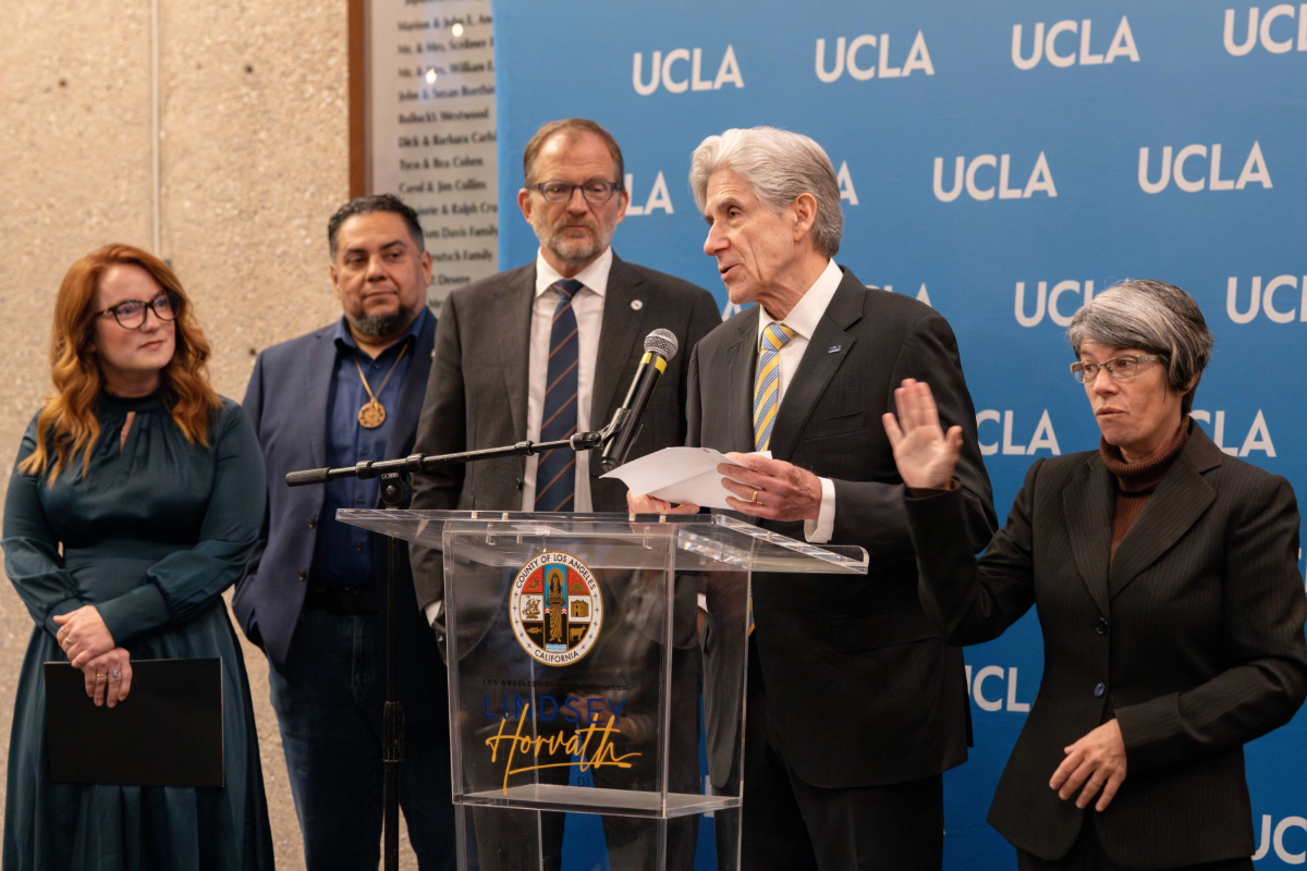 From left: UCLA Chancellor Julio Frenk speaks at a news conference announcing a blue-ribbon commission to inform wildfire recovery recommendations.