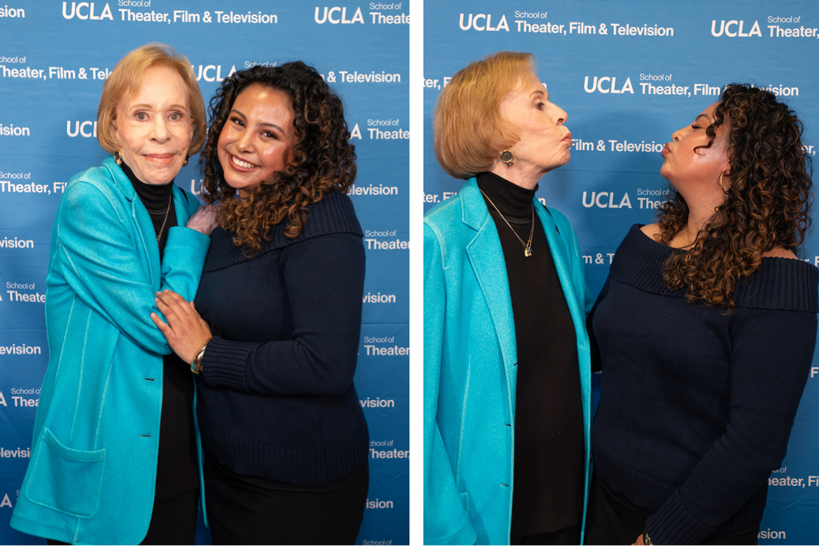Two side-by-side photos of Carol Burnett and UCLA TFT student Alexa Cruz, inaugural recipient of the Carol Burnett Endowed Undergraduate Scholarship, posing in front of a UCLA School of Theater, Film and Television step-and-repeat backdrop. In the left photo they embrace and smile; in the right photo they lean toward each other making playful faces.
