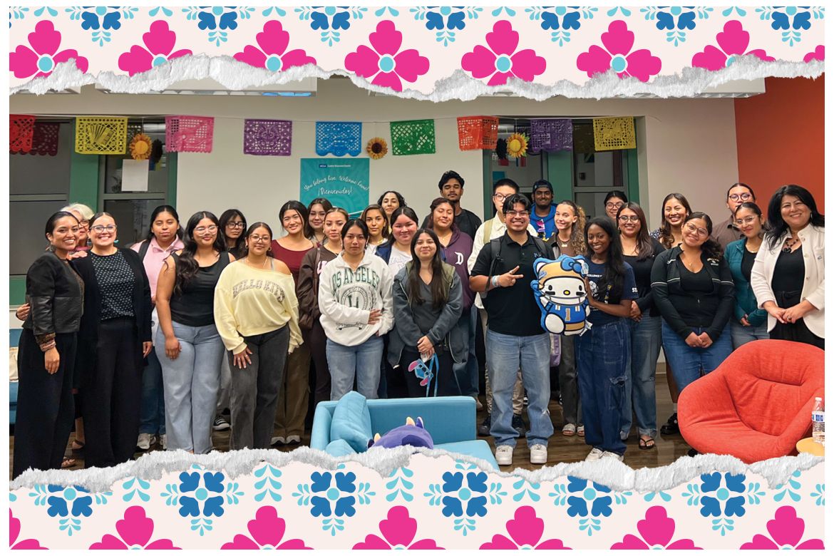 Group photo of Excelencia Scholars against a wall, framed with papel picado–inspired illustrated banners