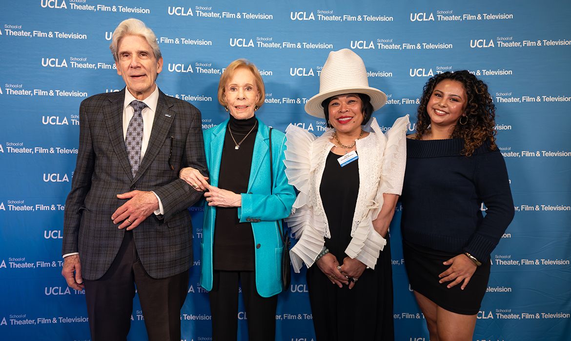 L-R: Chancellor Julio Frenk, Carol Burnett, UCLA TFT dean Celine Parreñas Shimizu, UCLA TFT student Alexa Cruz, inaugural recipient of Carol Burnett Endowed Undergraduate Scholarship