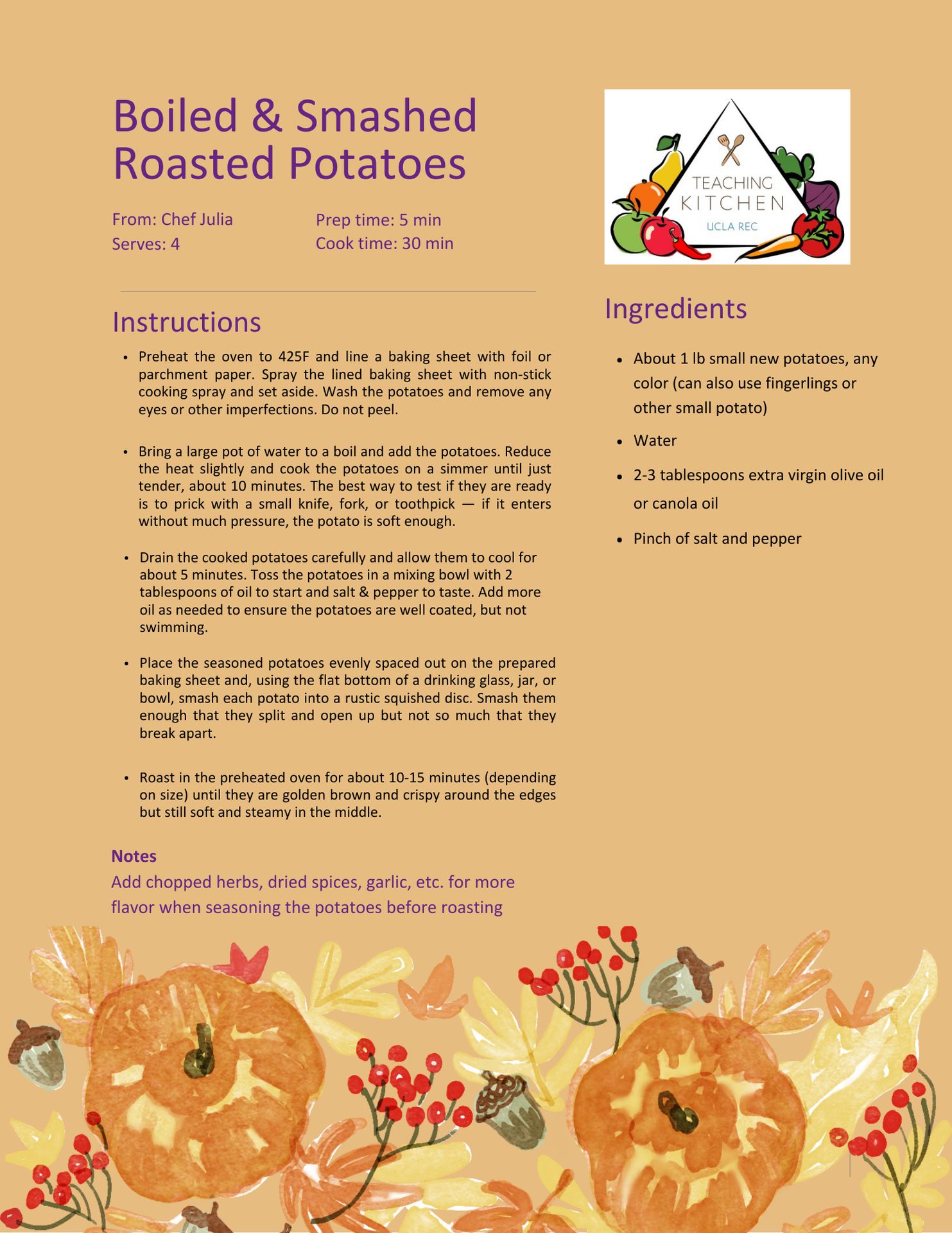 A UCLA REC Teaching Kitchen recipe card for Boiled and Smashed Roasted Potatoes by Chef Julia, with ingredients, instructions, and a decorative autumn botanical border.