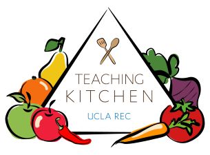 Logo for the UCLA REC Teaching Kitchen, featuring a white triangle with crossed fork and spoon, surrounded by illustrated fruits and vegetables on a blue background.