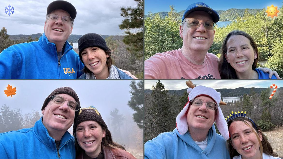 A four-photo collage of Paige and Troy Martin taking selfies across all four seasons at Lake Arrowhead Lodge, with forested hills and the lake visible in the background.
