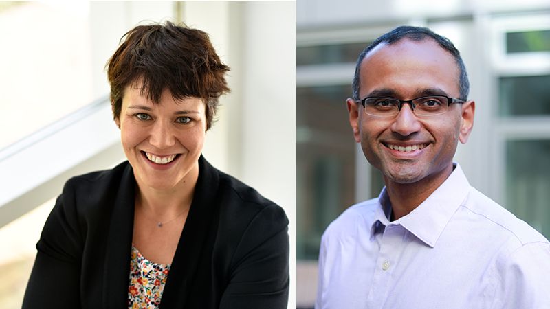 Composite portrait of Anya Jones, wearing a floral top and black blazer, and Aaswath Raman, wearing a light purple button-down shirt, both smiling.