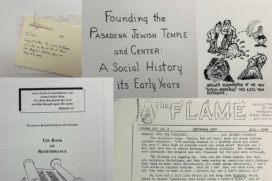 A collage of archival materials from the Pasadena Jewish Temple and Center, including books, newsletters, and handwritten notes.