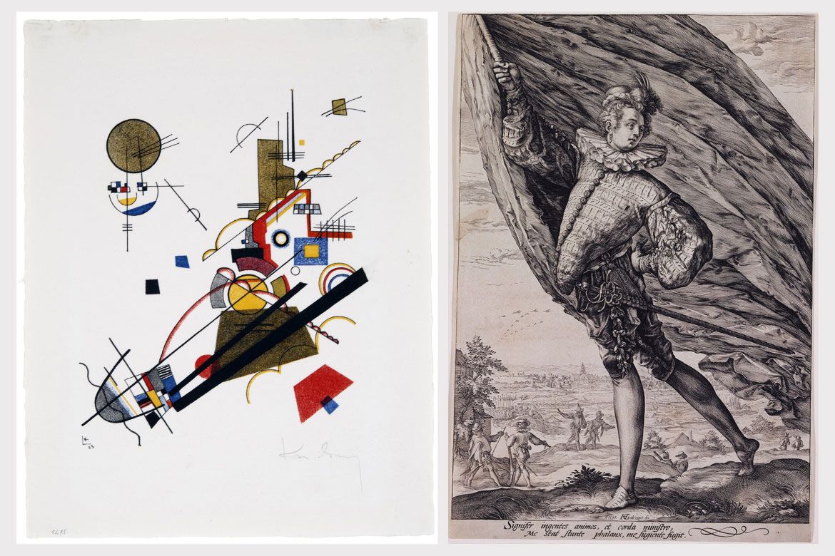  Two artworks from the UCLA Hammer Museum's Grunwald Collection: Kandinsky's 1923 abstract geometric composition "Fröhlicher Aufstieg" (left) and Goltzius's 1587 engraving "The Standard Bearer" depicting a Renaissance figure holding a large flag (right).