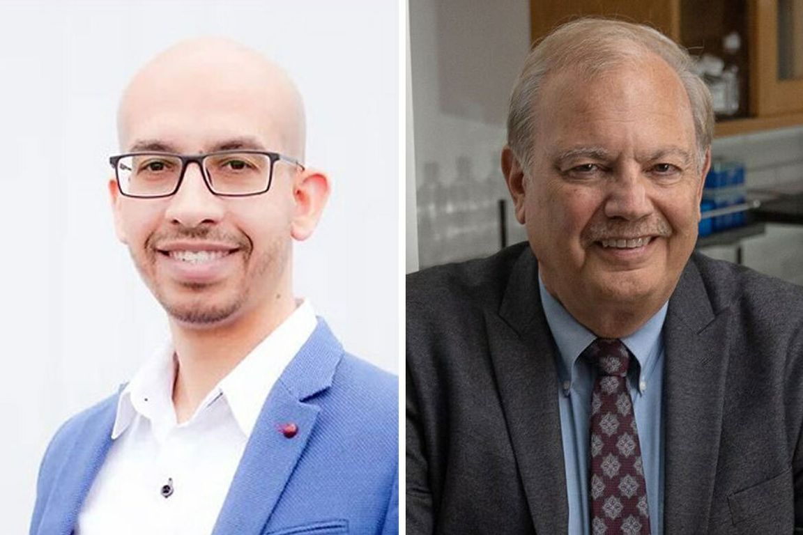 Side-by-side headshots Maher El-Kady, wearing rectangular glasses and a blue blazer over a white shirt and Dr. Dennis Slamon smiles while wearing a gray suit jacket, a light blue dress shirt and a patterned burgundy tie.