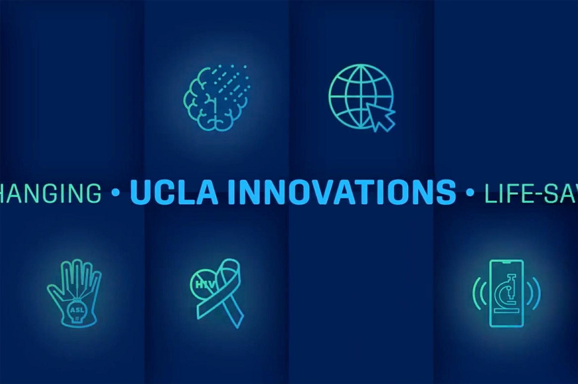 Dark blue promotional graphic reading "UCLA INNOVATIONS" with five glowing icons representing artificial intelligence, global connectivity, ASL communication, HIV awareness, and mobile microscopy.