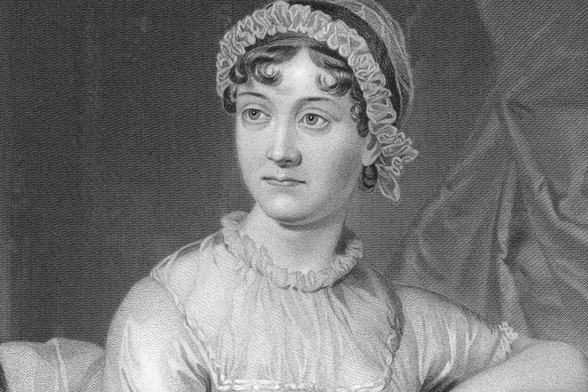 A black-and-white engraved portrait of Jane Austen, based on a contemporary drawing by her sister Cassandra. She wears a ruffled bonnet and high-necked dress.