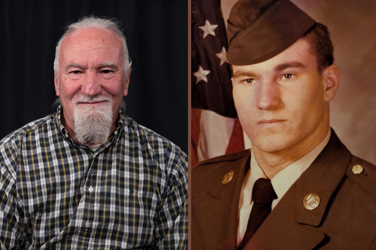 A side-by-side photo of Daniel Martin today, smiling in a plaid shirt with a white beard, alongside a vintage military portrait of him as a young soldier in Army dress uniform in front of an American flag.